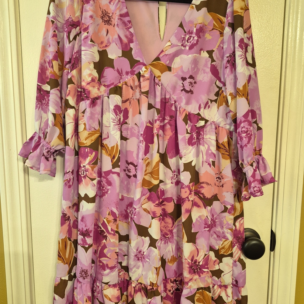 Pink Floral V-Neck Boho Midi Dress